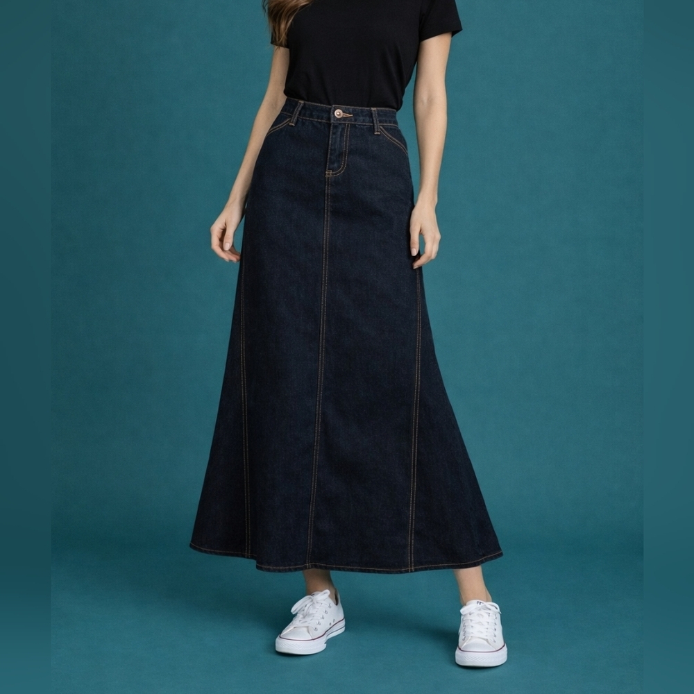 VTG WAH JEANS 1970s Grunge Denim Godet Longline Skirt 14W